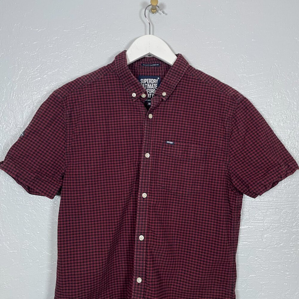 Superdry Men M Black Red Gingham Ultimate Oxford Shirt Short Sleeve Modern Fit - Picture 3 of 11